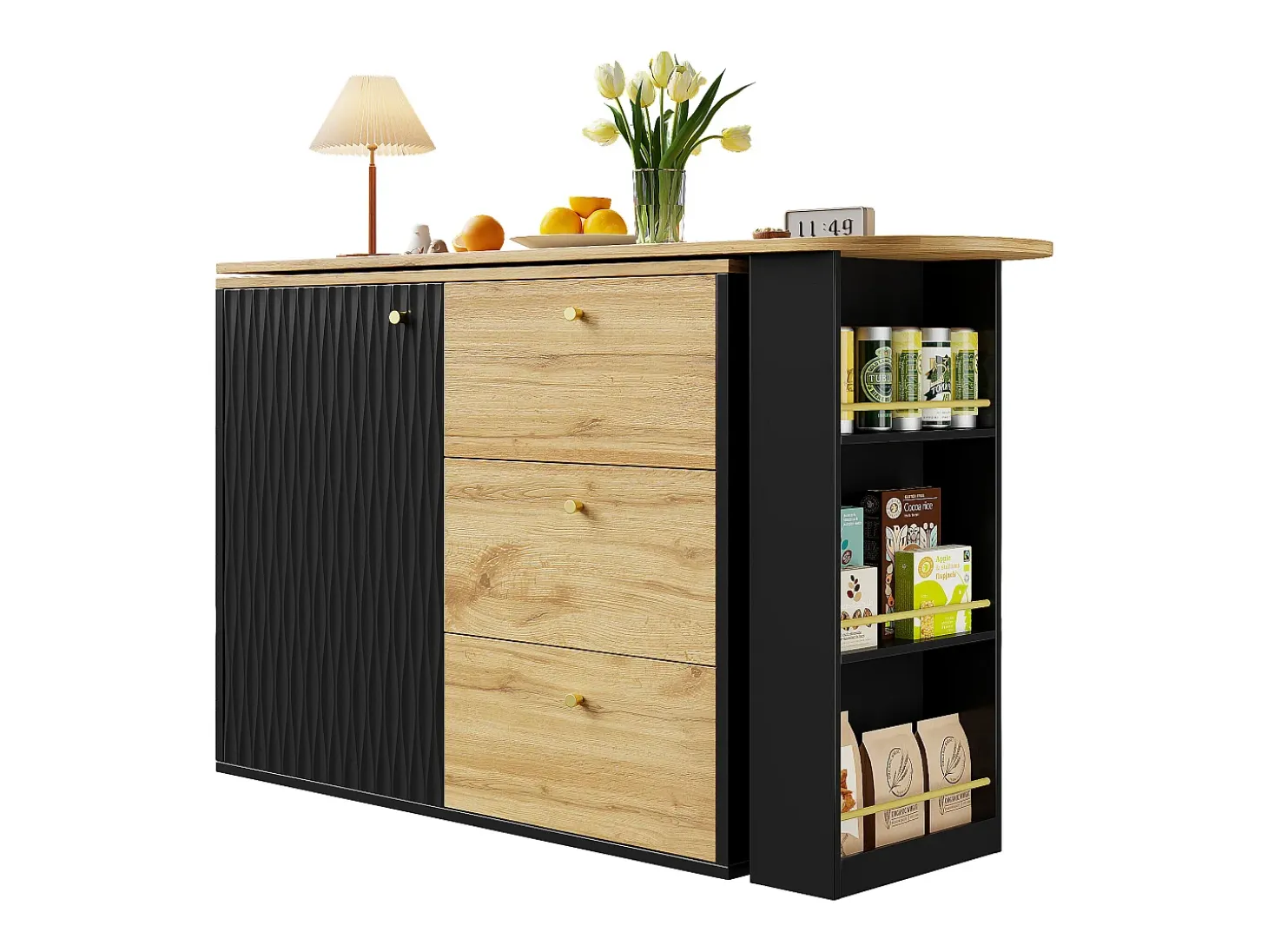 Mueble bar giratorio con 1 puerta y 3 cajones, estante lateral de tres niveles incluido, negro y natural claro - 204x39x104cm
