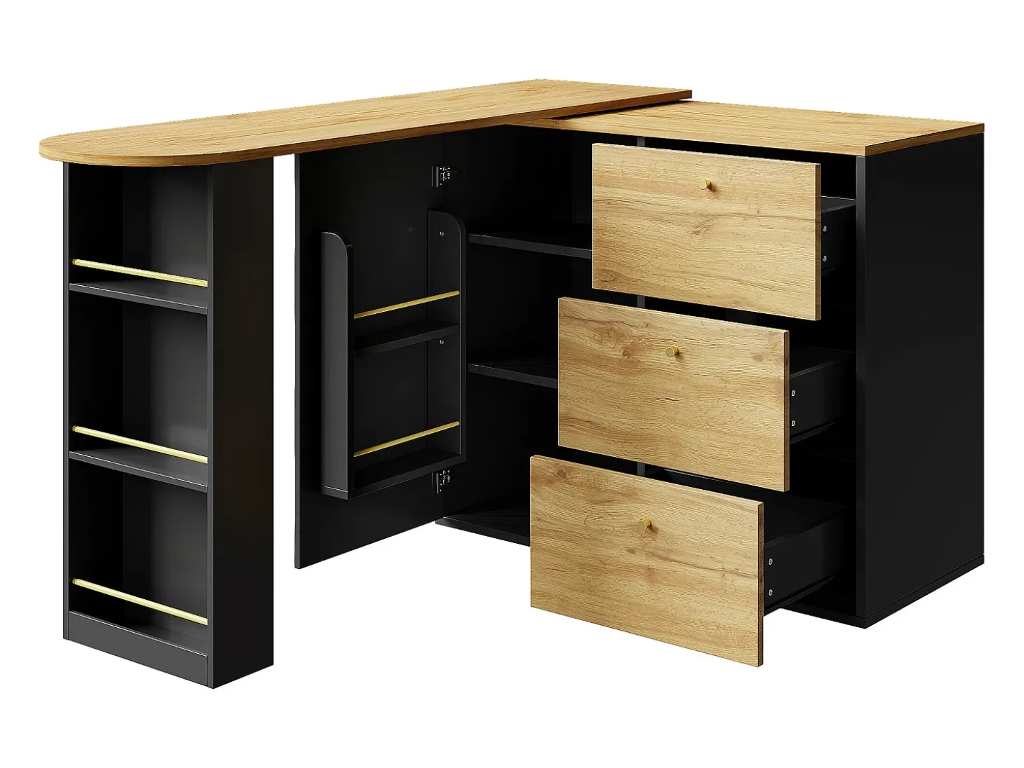Mueble bar giratorio con 1 puerta y 3 cajones, estante lateral de tres niveles incluido, negro y natural claro - 204x39x104cm