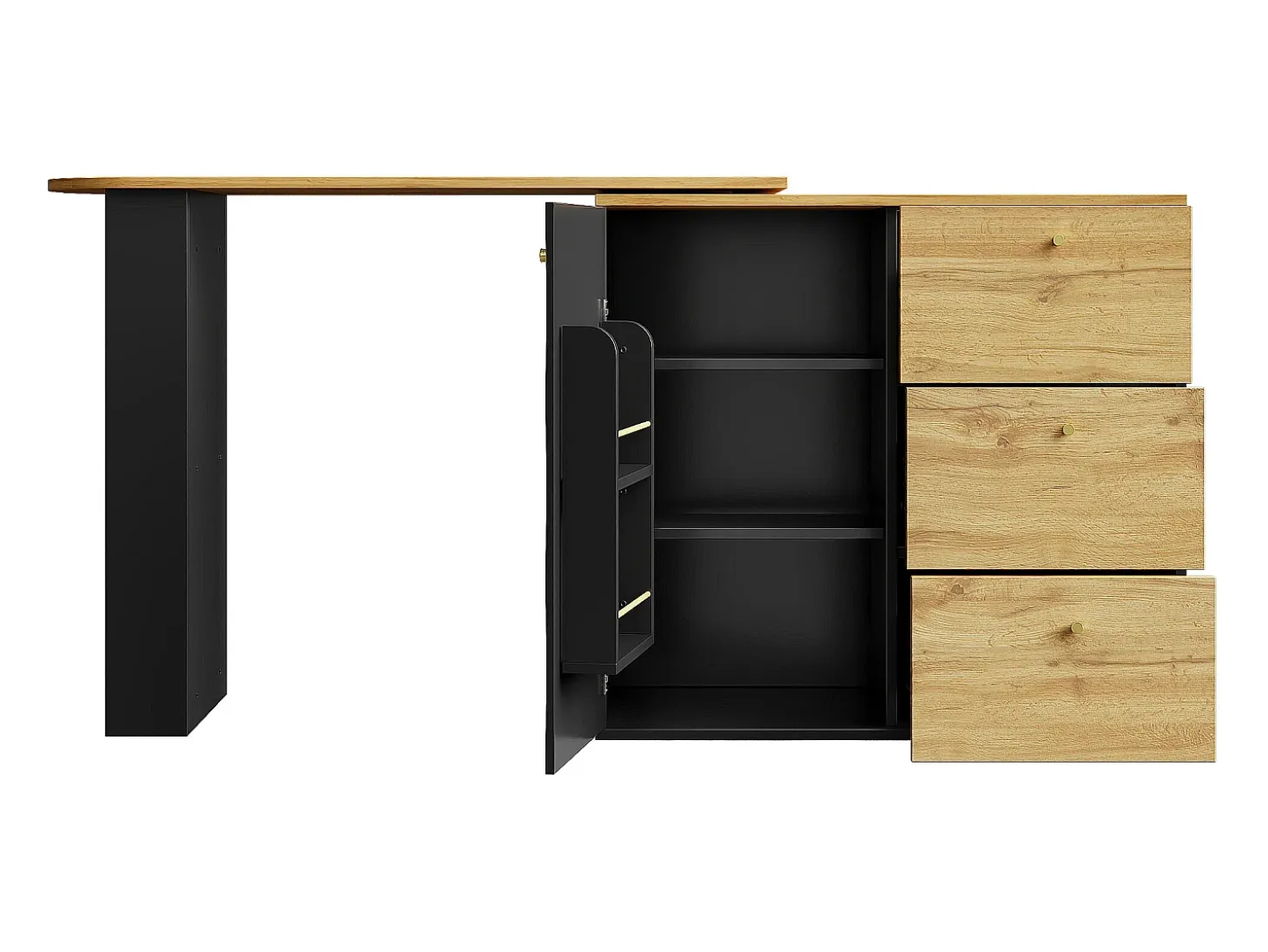 Mueble bar giratorio con 1 puerta y 3 cajones, estante lateral de tres niveles incluido, negro y natural claro - 204x39x104cm