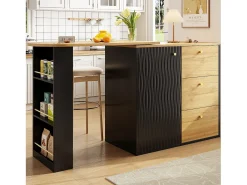 Mueble bar giratorio con 1 puerta y 3 cajones, estante lateral de tres niveles incluido, negro y natural claro - 204x39x104cm