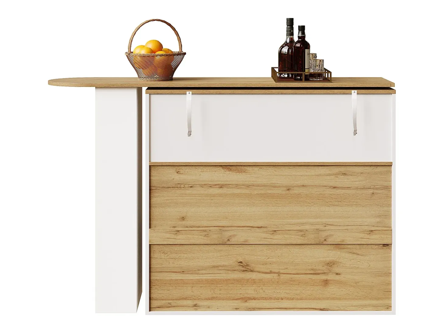 Mueble bar giratorio con 1 puerta de cristal, 1 nicho y 2 cajones, cuerpo blanco, estantes incluidos - 204x39x104cm