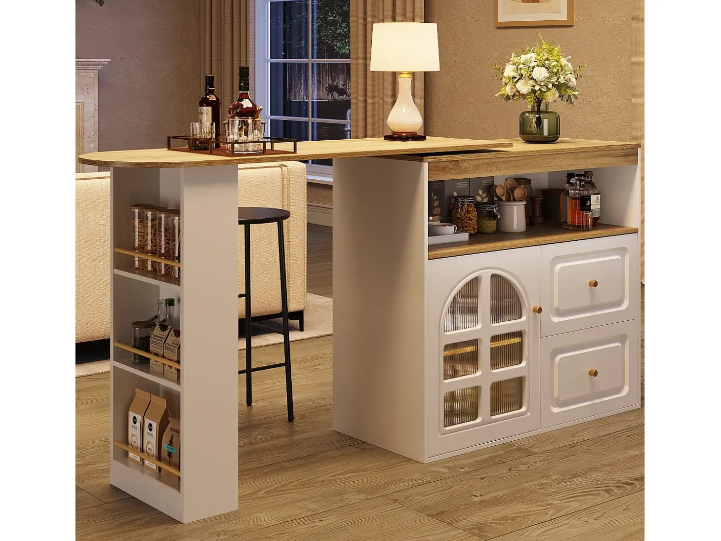 Mueble bar giratorio con 1 puerta de cristal, 1 nicho y 2 cajones, cuerpo blanco, estantes incluidos - 204x39x104cm