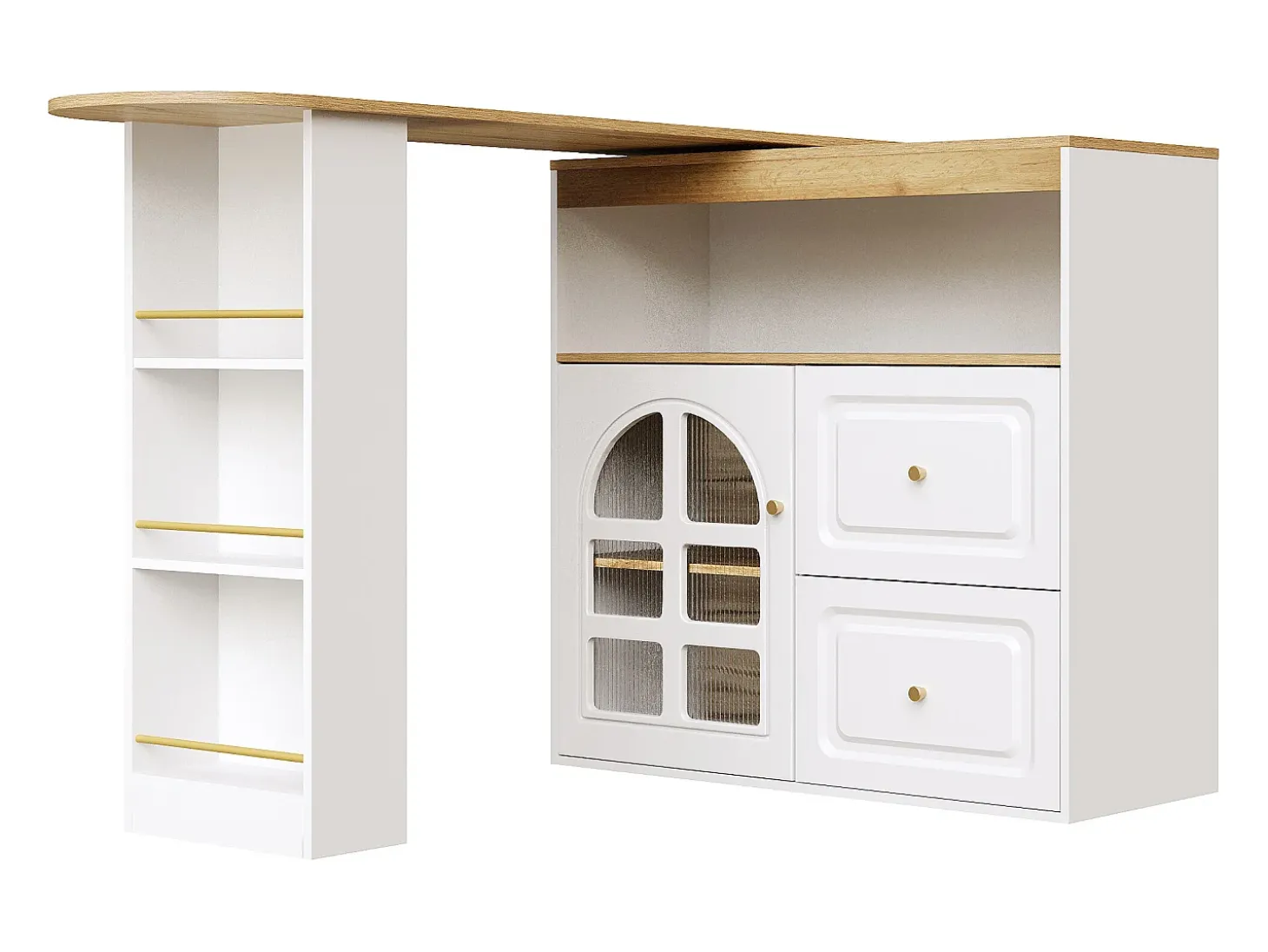 Mueble bar giratorio con 1 puerta de cristal, 1 nicho y 2 cajones, cuerpo blanco, estantes incluidos - 204x39x104cm