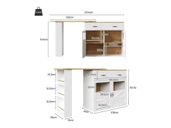 Mueble bar giratorio con 1 cajón ancho y 2 puertas, estante lateral de tres niveles incluido, blanco - 204x39x104cm