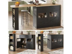 Mueble bar giratorio con 1 cajón ancho y 2 puertas, estante lateral de tres niveles incluido, negro - 204x39x104cm