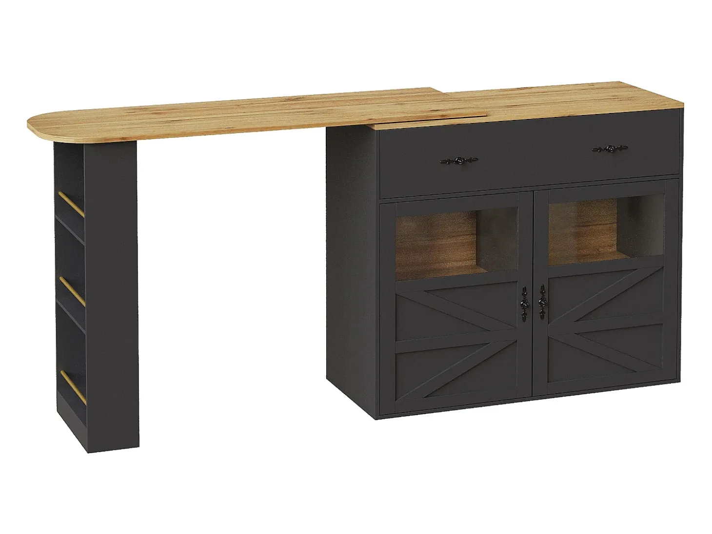Mueble bar giratorio con 1 cajón ancho y 2 puertas, estante lateral de tres niveles incluido, negro - 204x39x104cm