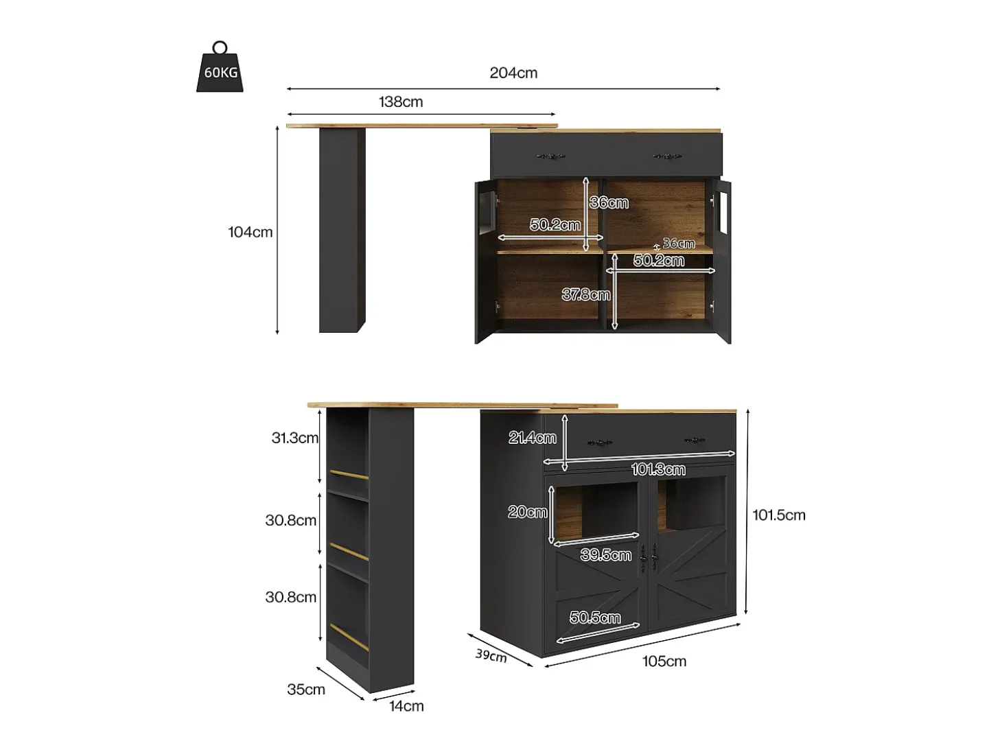 Mueble bar giratorio con 1 cajón ancho y 2 puertas, estante lateral de tres niveles incluido, negro - 204x39x104cm