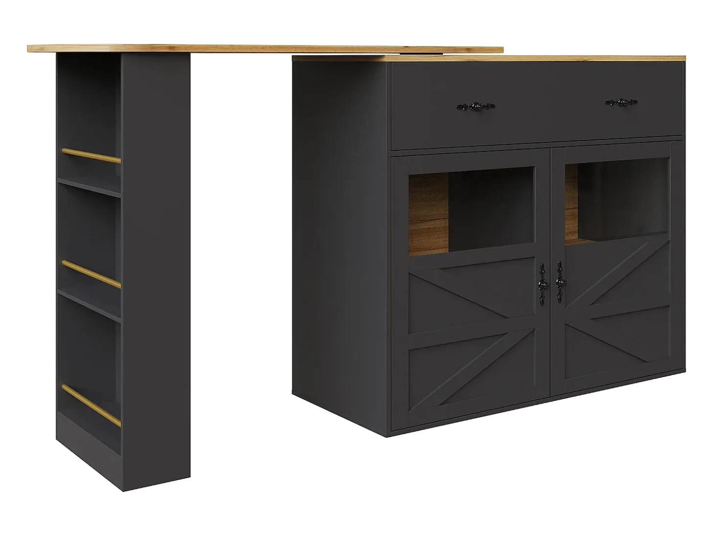 Mueble bar giratorio con 1 cajón ancho y 2 puertas, estante lateral de tres niveles incluido, negro - 204x39x104cm