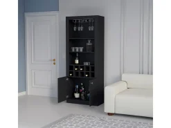 Mueble Bar Nebo en melamina con 4 estantes , 2 puertas , 10 portabotellas y 8 portacopas , negro , 190 cm X 75 cm X 36.5 cm