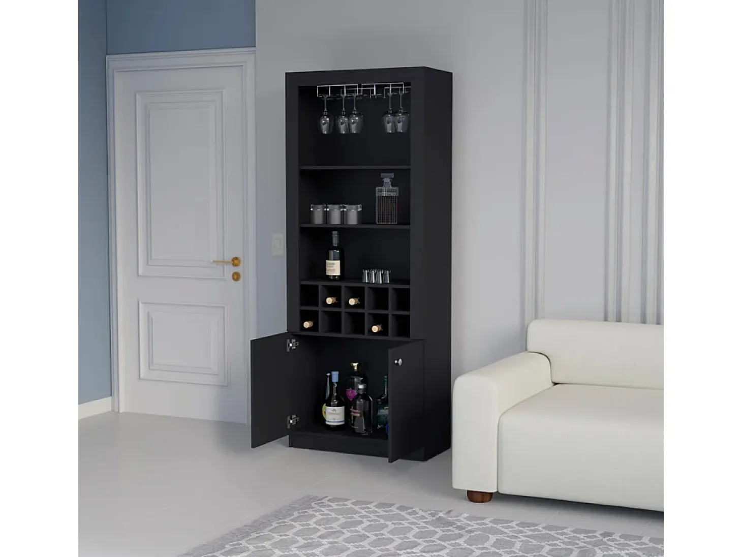 Mueble Bar Nebo en melamina con 4 estantes , 2 puertas , 10 portabotellas y 8 portacopas , negro , 190 cm X 75 cm X 36.5 cm