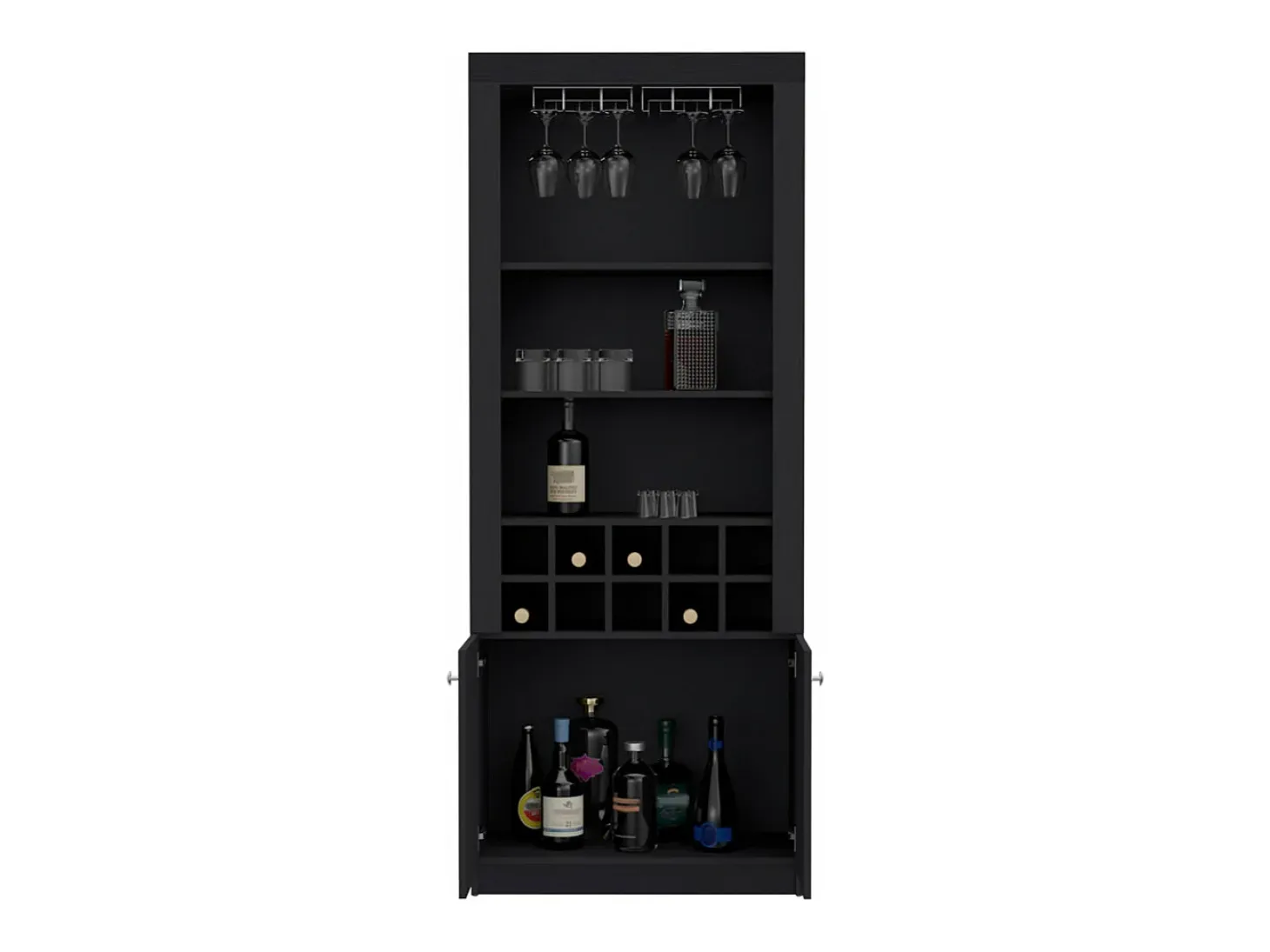 Mueble Bar Nebo en melamina con 4 estantes , 2 puertas , 10 portabotellas y 8 portacopas , negro , 190 cm X 75 cm X 36.5 cm