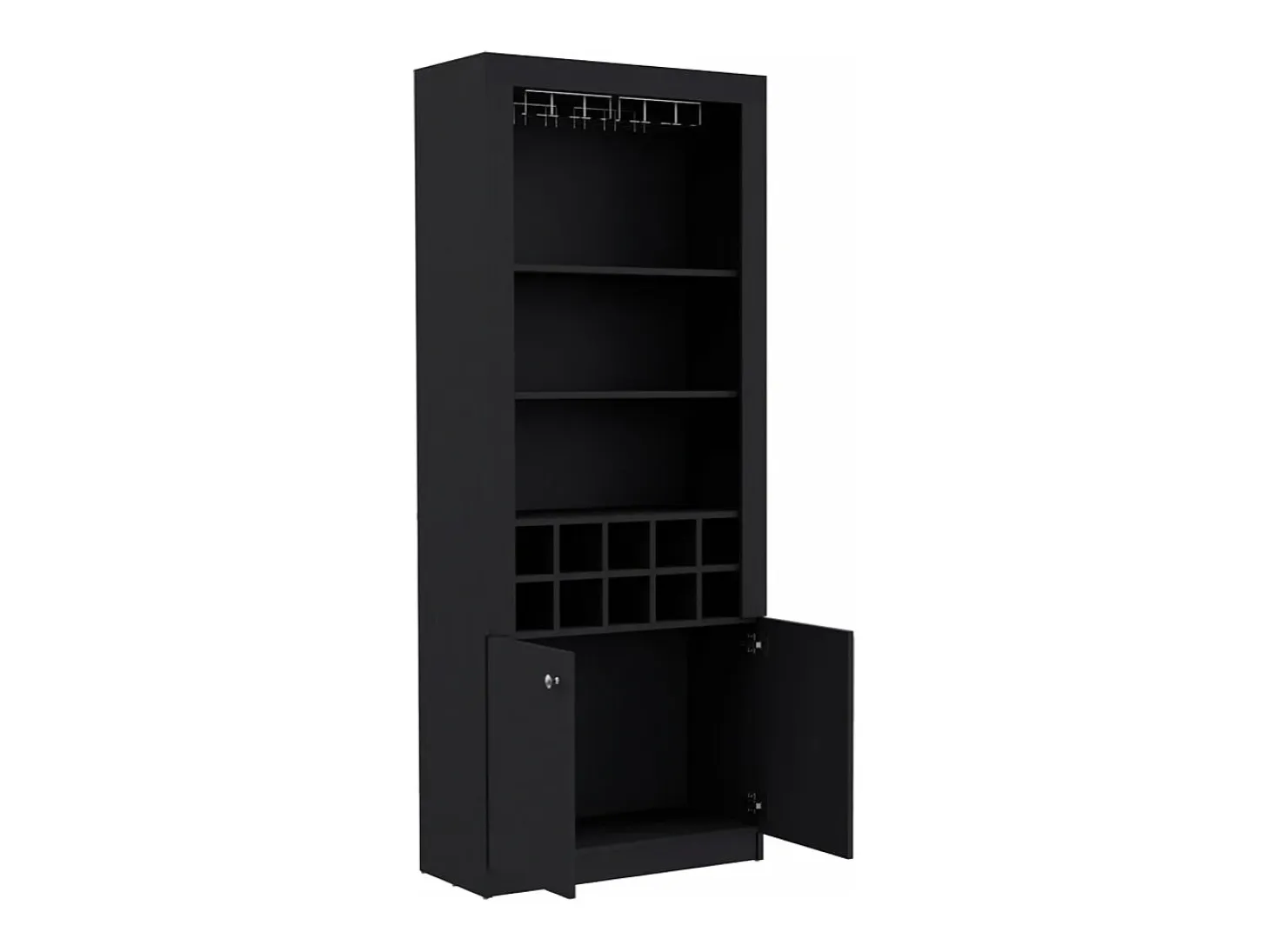 Mueble Bar Nebo en melamina con 4 estantes , 2 puertas , 10 portabotellas y 8 portacopas , negro , 190 cm X 75 cm X 36.5 cm