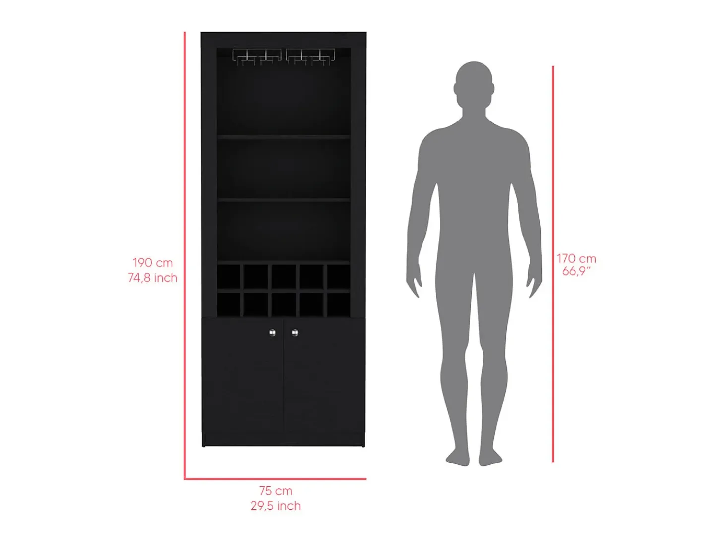 Mueble Bar Nebo en melamina con 4 estantes , 2 puertas , 10 portabotellas y 8 portacopas , negro , 190 cm X 75 cm X 36.5 cm