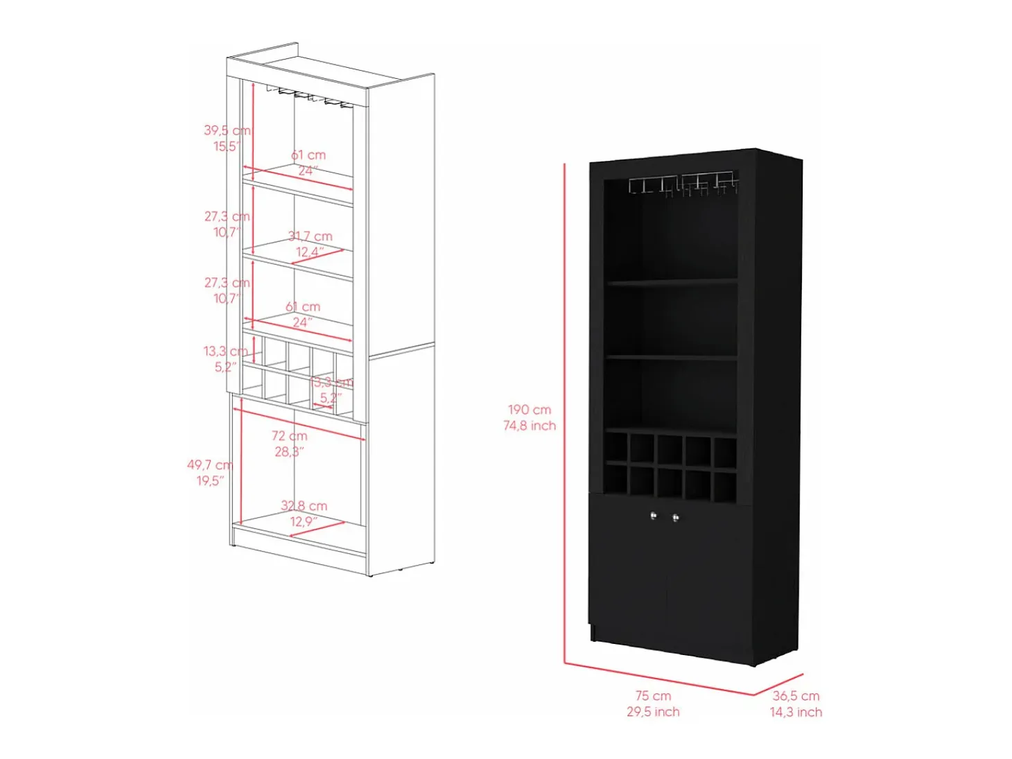 Mueble Bar Nebo en melamina con 4 estantes , 2 puertas , 10 portabotellas y 8 portacopas , negro , 190 cm X 75 cm X 36.5 cm