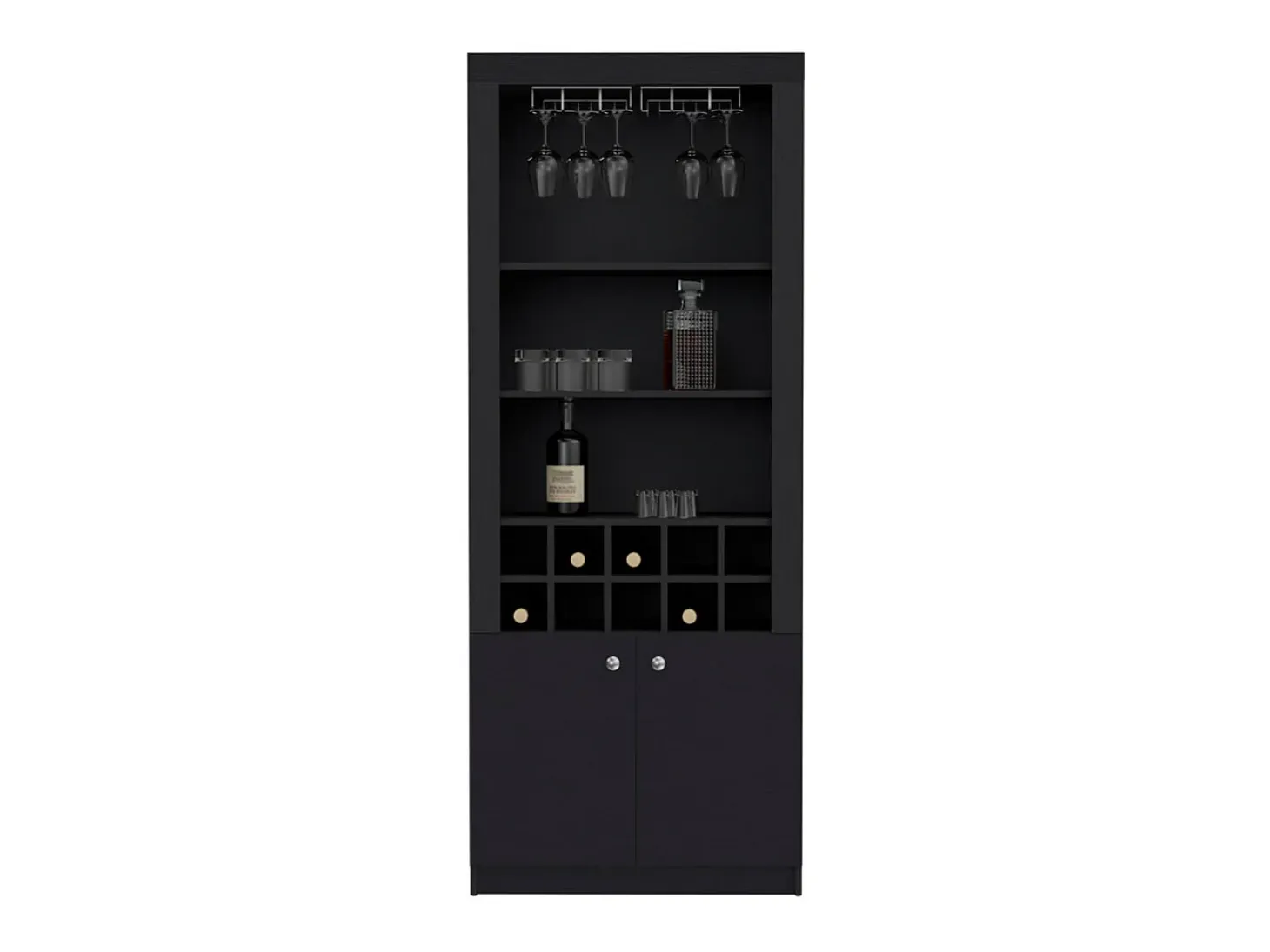 Mueble Bar Nebo en melamina con 4 estantes , 2 puertas , 10 portabotellas y 8 portacopas , negro , 190 cm X 75 cm X 36.5 cm