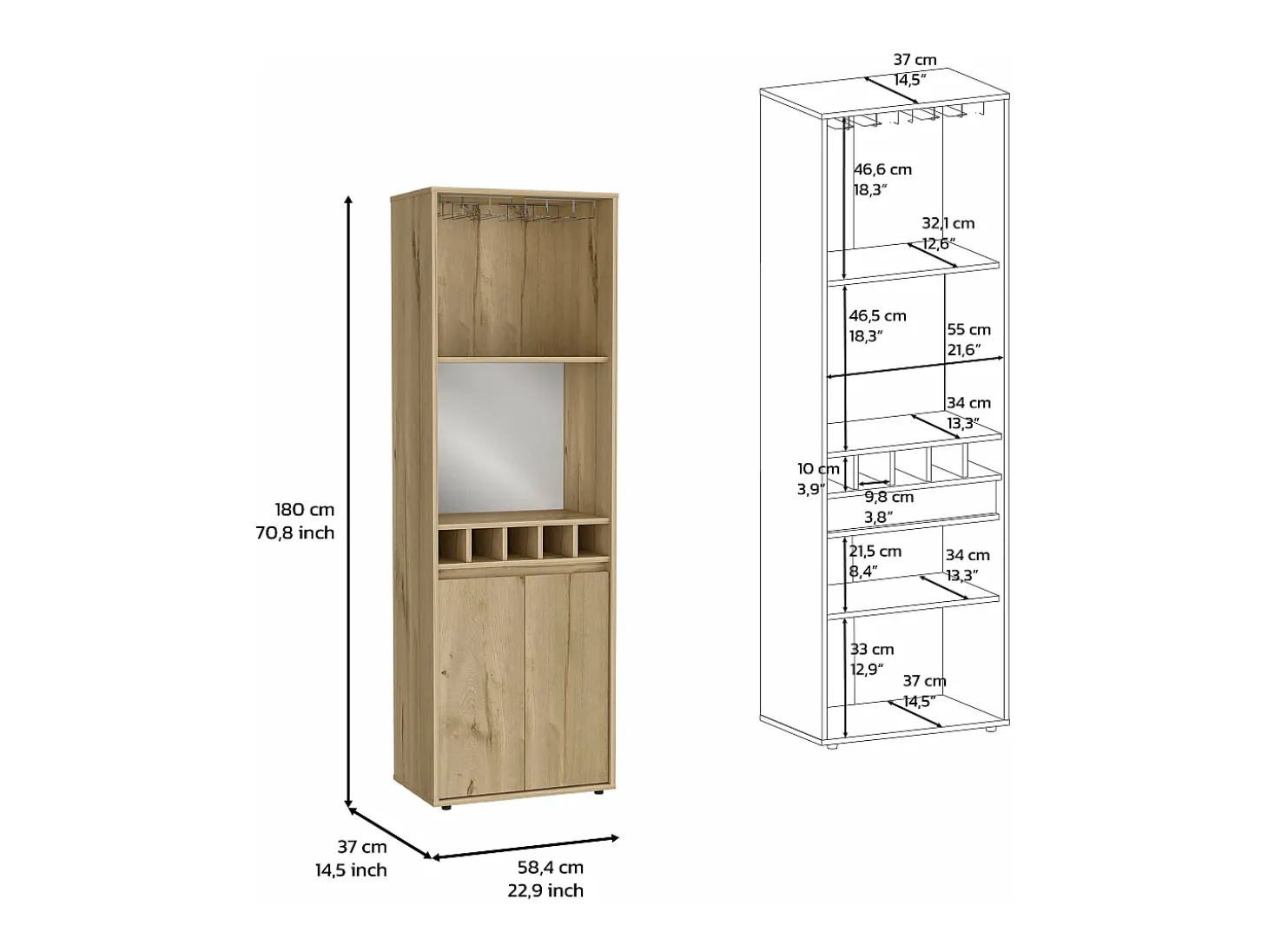 Mueble Bar Prana en melamina con 4 estantes , 2 puertas , 4 portabotellas y 6 portacopas , beige , 180 cm X 58.4 cm X 37 cm