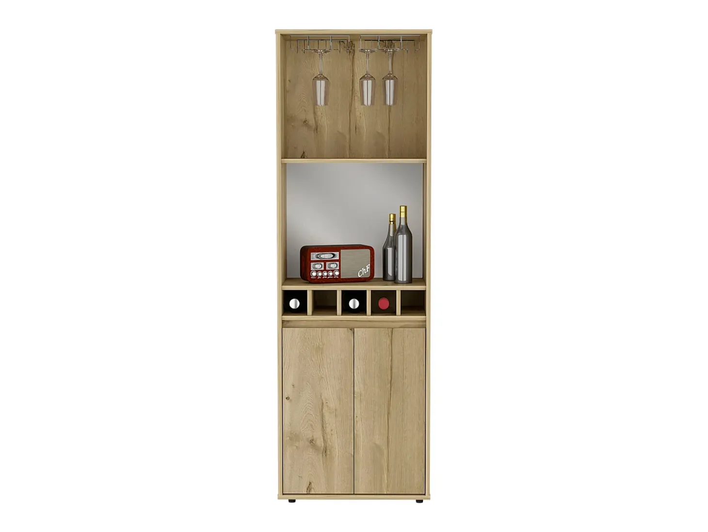 Mueble Bar Prana en melamina con 4 estantes , 2 puertas , 4 portabotellas y 6 portacopas , beige , 180 cm X 58.4 cm X 37 cm