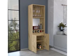 Mueble Bar Prana en melamina con 4 estantes , 2 puertas , 4 portabotellas y 6 portacopas , beige , 180 cm X 58.4 cm X 37 cm