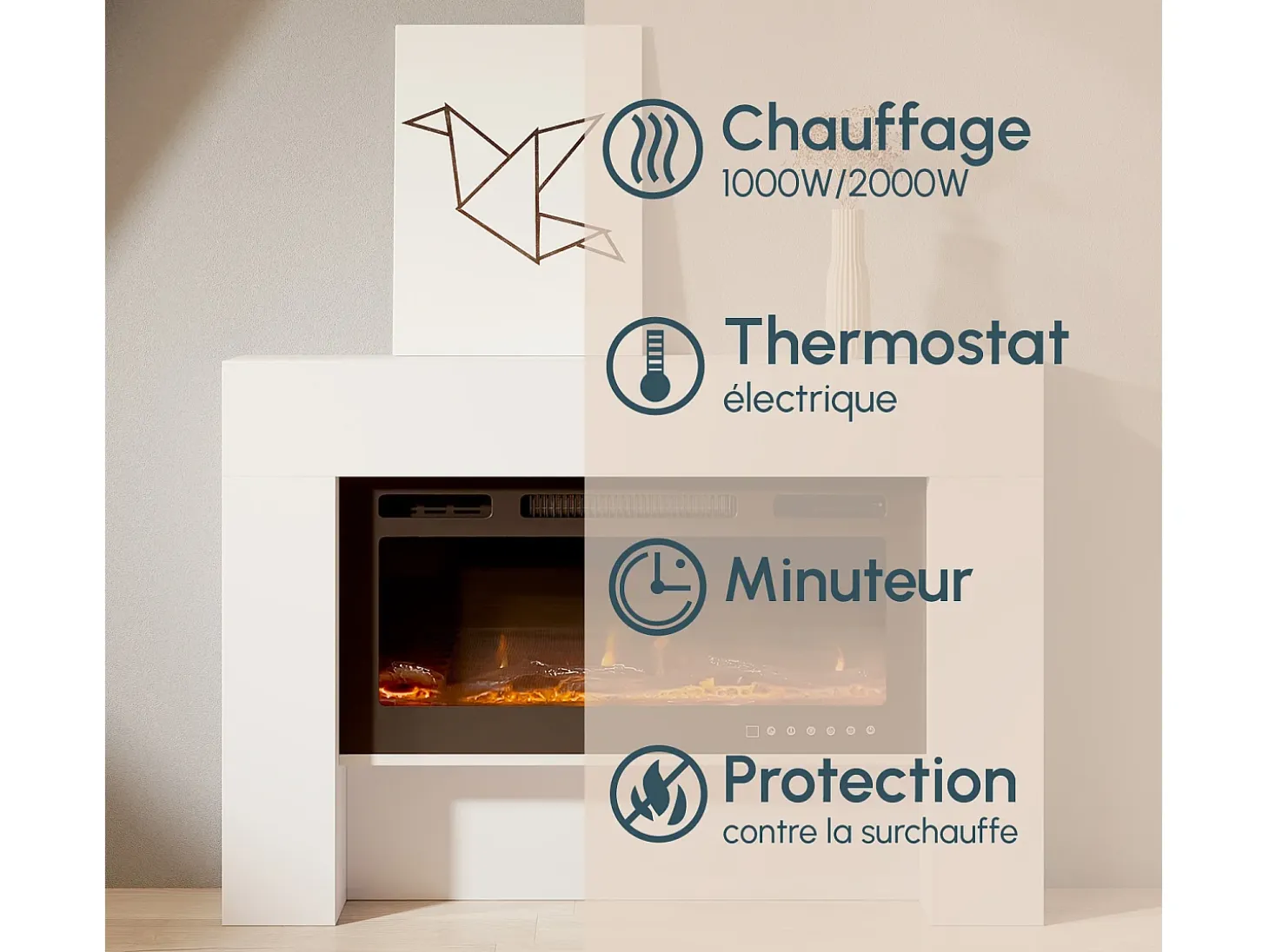 Mueble con chimenea para Salón comedor en Blanco 127,4x21x86,6cm Candela