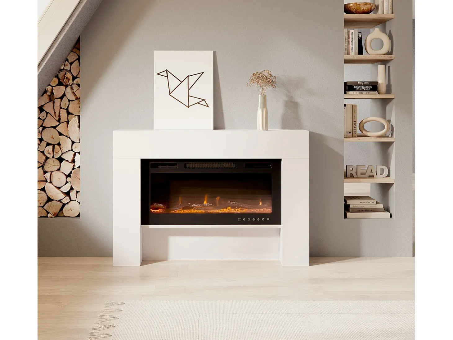 Mueble con chimenea para Salón comedor en Blanco 127,4x21x86,6cm Candela