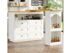 Mueble de bar de cocina extensible - y rotación 360° - 203x39x90 cm - 6 cajones - con estantes laterales - Blanco