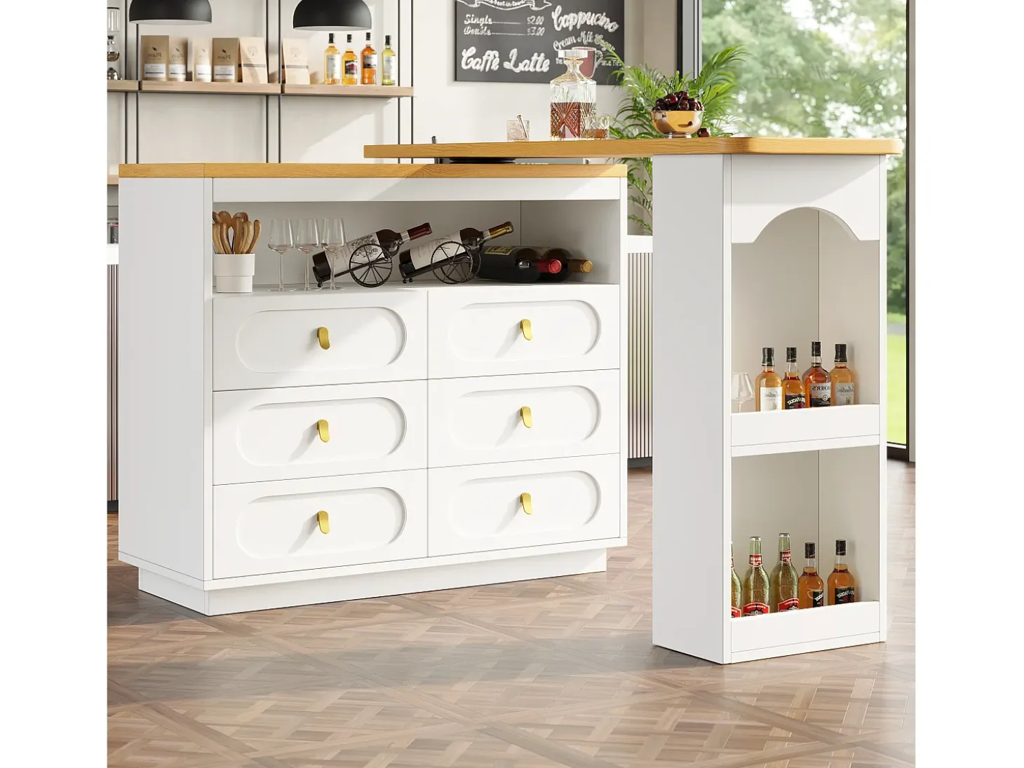 Mueble de bar de cocina extensible - y rotación 360° - 203x39x90 cm - 6 cajones - con estantes laterales - Blanco