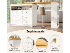 Mueble de bar de cocina extensible - y rotación 360° - 203x39x90 cm - 6 cajones - con estantes laterales - Blanco