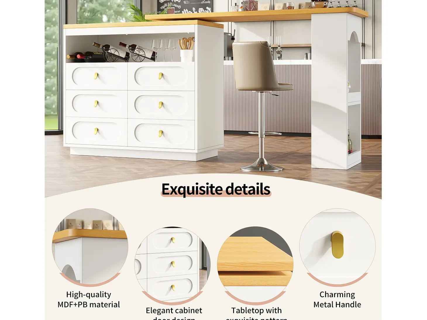 Mueble de bar de cocina extensible - y rotación 360° - 203x39x90 cm - 6 cajones - con estantes laterales - Blanco