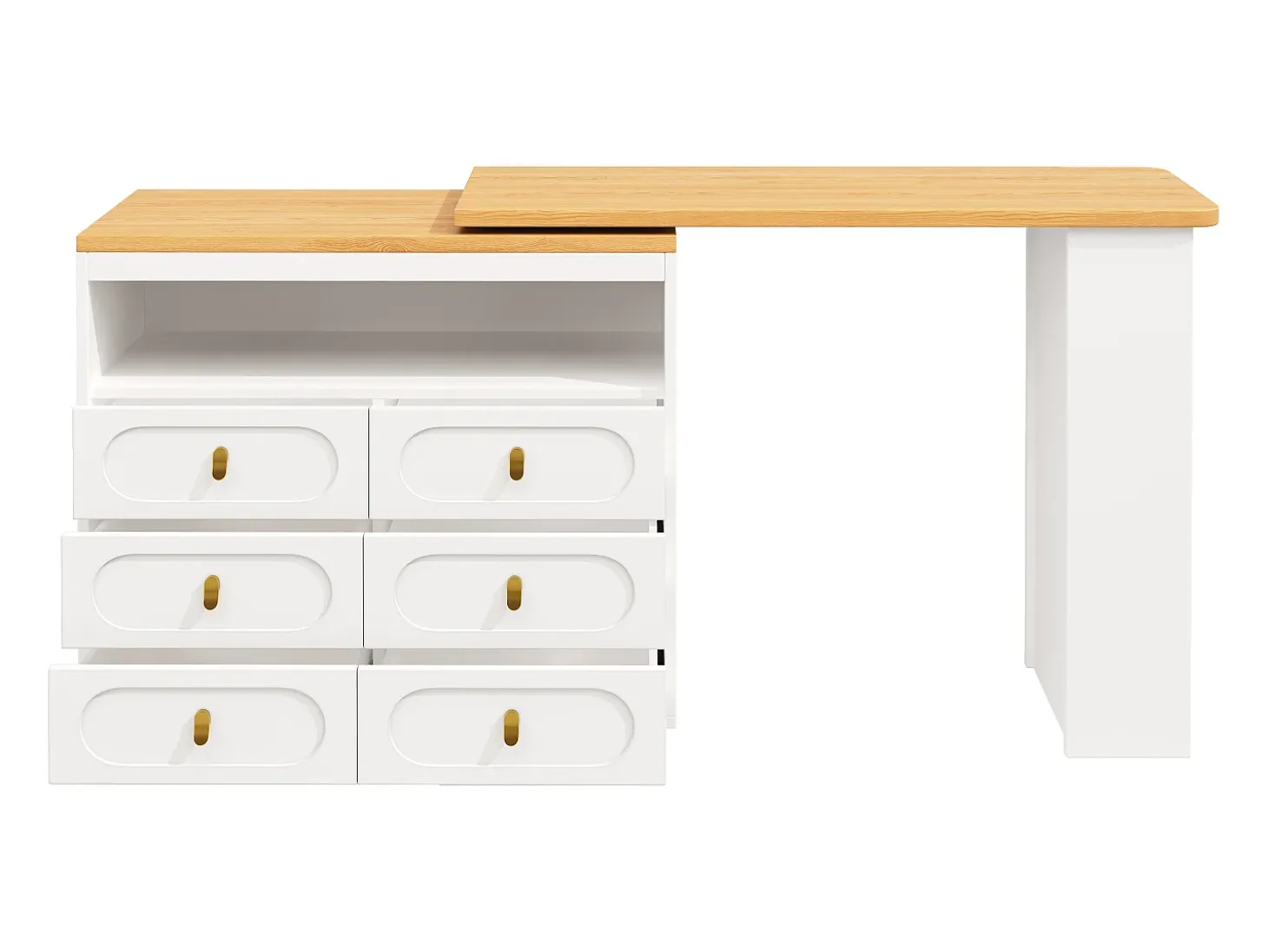Mueble de bar de cocina extensible - y rotación 360° - 203x39x90 cm - 6 cajones - con estantes laterales - Blanco