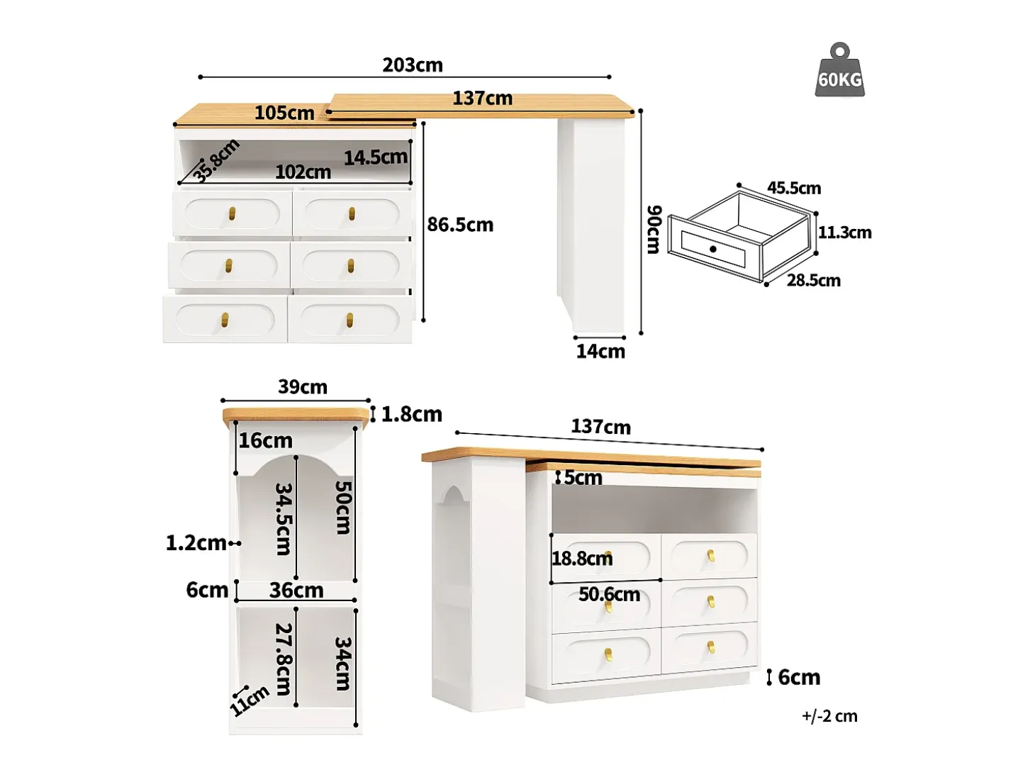 Mueble de bar de cocina extensible - y rotación 360° - 203x39x90 cm - 6 cajones - con estantes laterales - Blanco