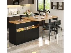 Mueble de bar de cocina extensible - con iluminación LED - mesa grande - y rotación 360° - 180x79.5x71.5 cm - 3 puertas - Negro