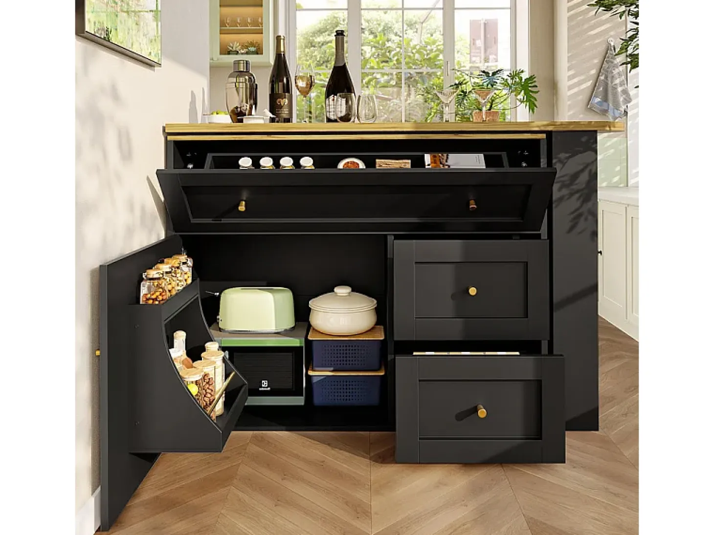Mueble de bar extensible giratorio - con 2 puertas, 2 cajones y 3 nichos - MDF - 138/204×39×105cm - Negro