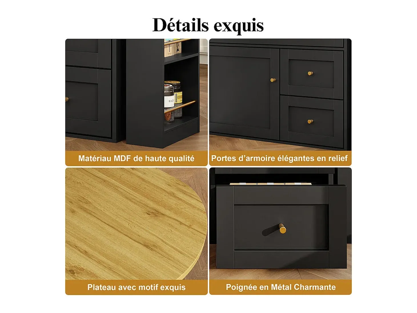 Mueble de bar extensible giratorio - con 2 puertas, 2 cajones y 3 nichos - MDF - 138/204×39×105cm - Negro