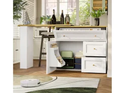 Mueble de bar giratorio moderno 360° - 204×39×105 cm - 2 cajones y 2 puertas - con estantes laterales - mesa extensible - blanco