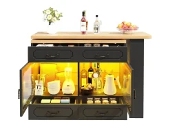 Mueble de bar moderno giratorio 360° - con LED - 203x39x93 cm - 4 cajones y 2 puertas - con estantes laterales - negro