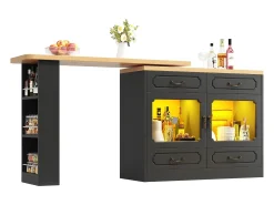 Mueble de bar moderno giratorio 360° - con LED - 203x39x93 cm - 4 cajones y 2 puertas - con estantes laterales - negro