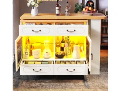 Mueble de bar moderno giratorio 360° - con LED - 203x39x93 cm - 4 cajones y 2 puertas - con estantes laterales - blanco