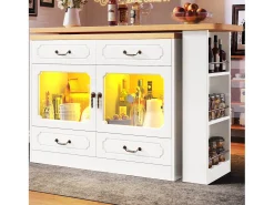 Mueble de bar moderno giratorio 360° - con LED - 203x39x93 cm - 4 cajones y 2 puertas - con estantes laterales - blanco