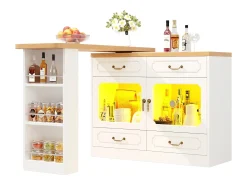 Mueble de bar moderno giratorio 360° - con LED - 203x39x93 cm - 4 cajones y 2 puertas - con estantes laterales - blanco