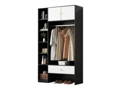 Mueble de entrada compacto - 105 x 40 x 185 cm - con 2 puertas + 6 compartimentos + barra de colgar + cajón - aglomerado - blanco + negro
