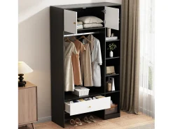 Mueble de entrada compacto - 105 x 40 x 185 cm - con 2 puertas + 6 compartimentos + barra de colgar + cajón - aglomerado - blanco + negro