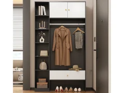 Mueble de entrada compacto - 105 x 40 x 185 cm - con 2 puertas + 6 compartimentos + barra de colgar + cajón - aglomerado - blanco + negro