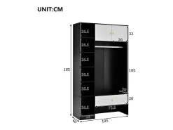 Mueble de entrada compacto - 105 x 40 x 185 cm - con 2 puertas + 6 compartimentos + barra de colgar + cajón - aglomerado - blanco + negro