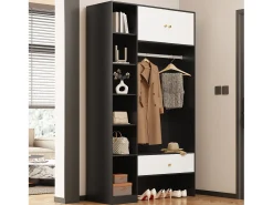 Mueble de entrada compacto - 105 x 40 x 185 cm - con 2 puertas + 6 compartimentos + barra de colgar + cajón - aglomerado - blanco + negro