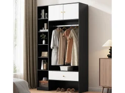 Mueble de entrada compacto - 105 x 40 x 185 cm - con 2 puertas + 6 compartimentos + barra de colgar + cajón - aglomerado - blanco + negro