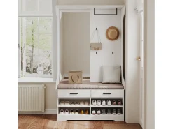 Mueble de entrada con espejo, ganchos, barra y zapatero