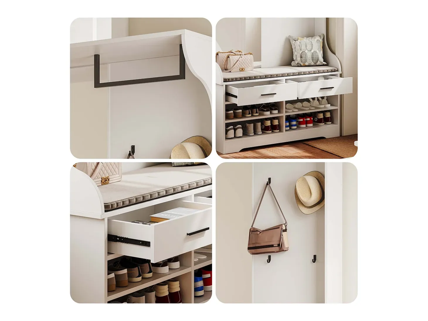 Mueble de entrada con espejo, ganchos, barra y zapatero