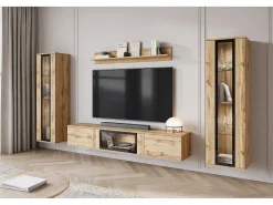 Mueble de salón moderno – mate, 2 vitrinas y mueble TV 180 cm roble Wotan