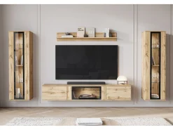 Mueble de salón moderno – mate, 2 vitrinas y mueble TV 180 cm roble Wotan