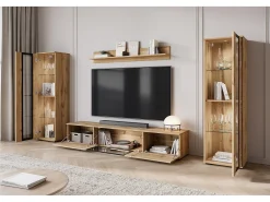Mueble de salón moderno – mate, 2 vitrinas y mueble TV 180 cm roble Wotan